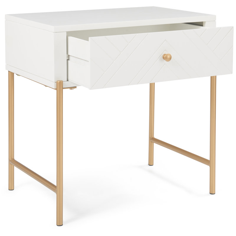White and Gold Rectangular Wood and Metal Side Table with Drawer