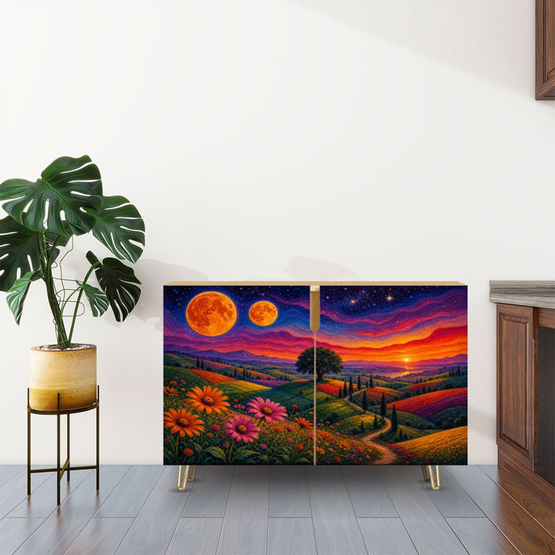 Buffet Buffet avec rangement Vibrant Fantasy Landscape Dual Moons Fleurs colorées avec 2 portes pour le salon et la cuisine