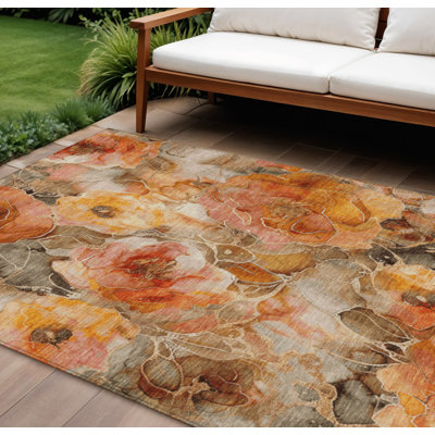 Tapis extérieur lavable floral orange et gris 8 pi x 10 pi