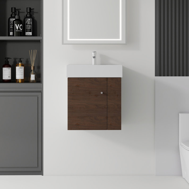 Meuble-lavabo flottant 21,6 po avec lavabo, porte à fermeture en douceur, lavabo en céramique, contreplaqué, Brun