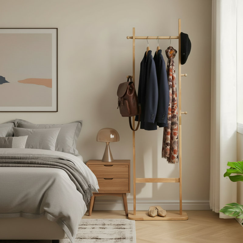 Natural Wood Color Freestanding Coat Rack With A Stable Double-Bar Design. Easy To Assemble And Extremely Sturdy. Suitable For Hanging Coats, Suits, And Jackets.
