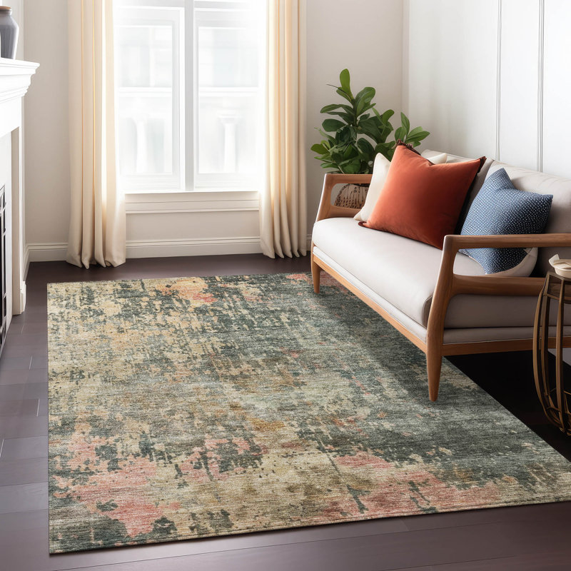 5' x 7' Red and Green Abstract Washable Synthetic Rug