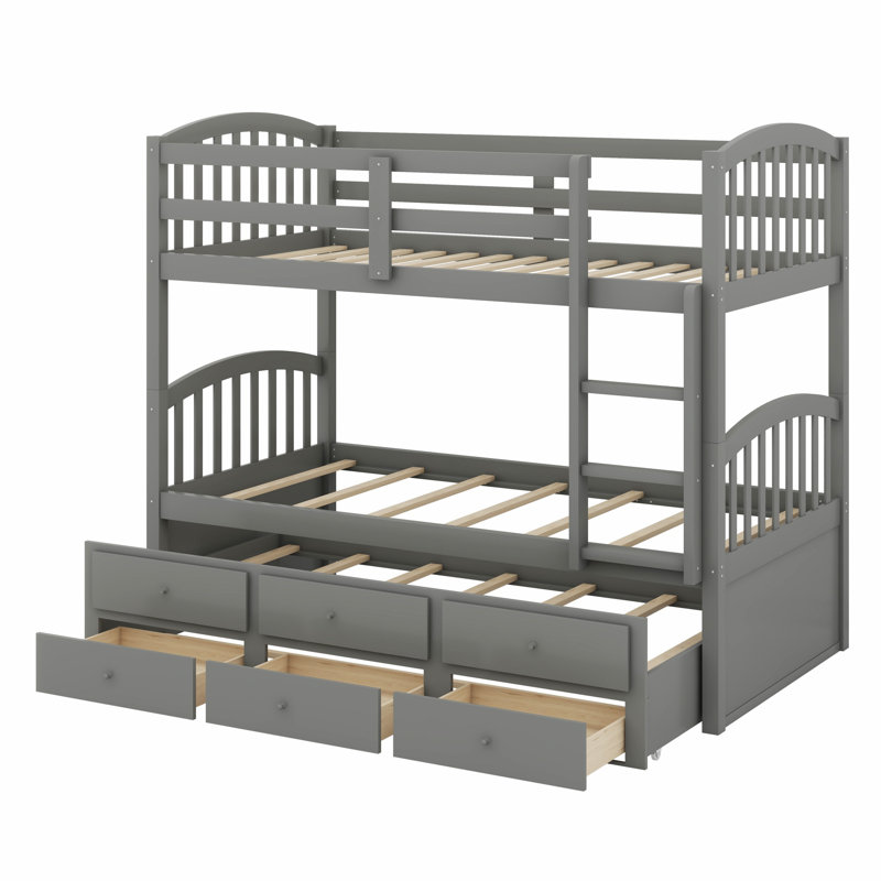Bunk Bed With Ladder, Safety Rail, Trundle, Drawers, Gray