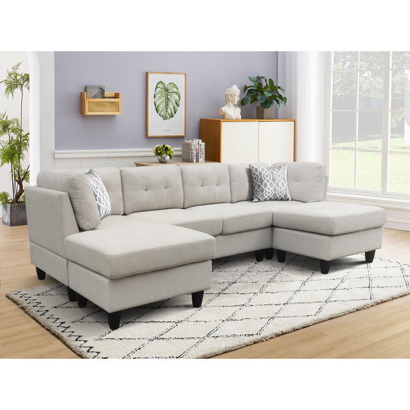 118" W U-Shaped Sectional with 2 Ottomans, Beige Linen