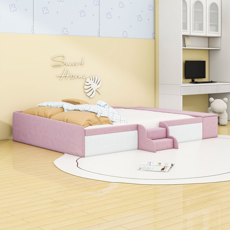 Velvet Upholstered Bed with Storage Ottoman, Staircase and Padded Guardrails, Queen, Pink White