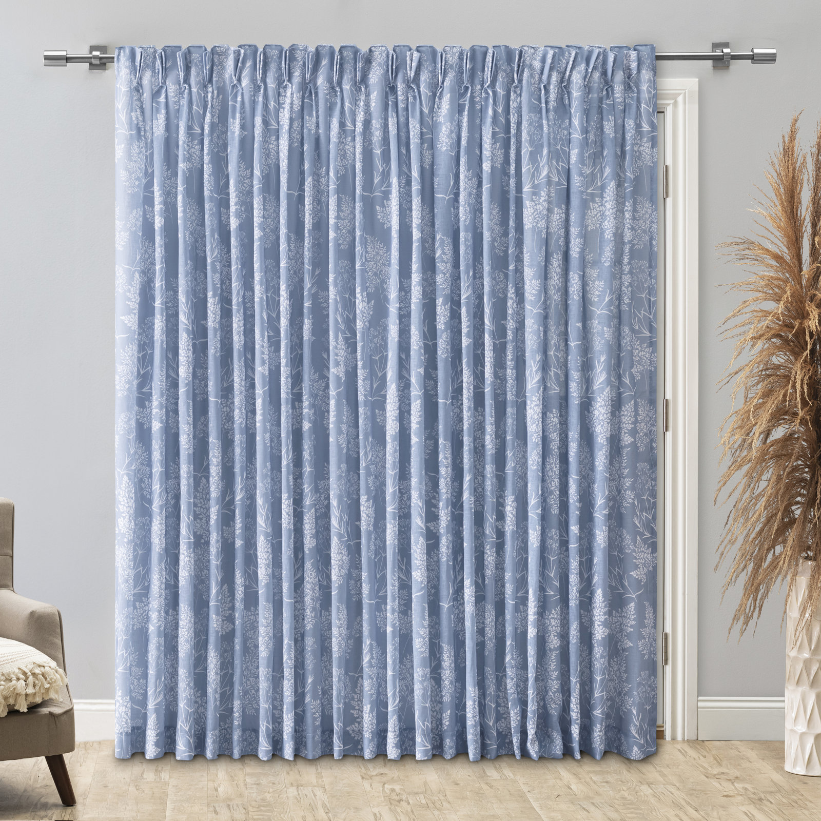 Alston Semi-Sheer Floral Wildflower Pinch Pleat Double Wide Patio Panel with Back-tabs, Blue 