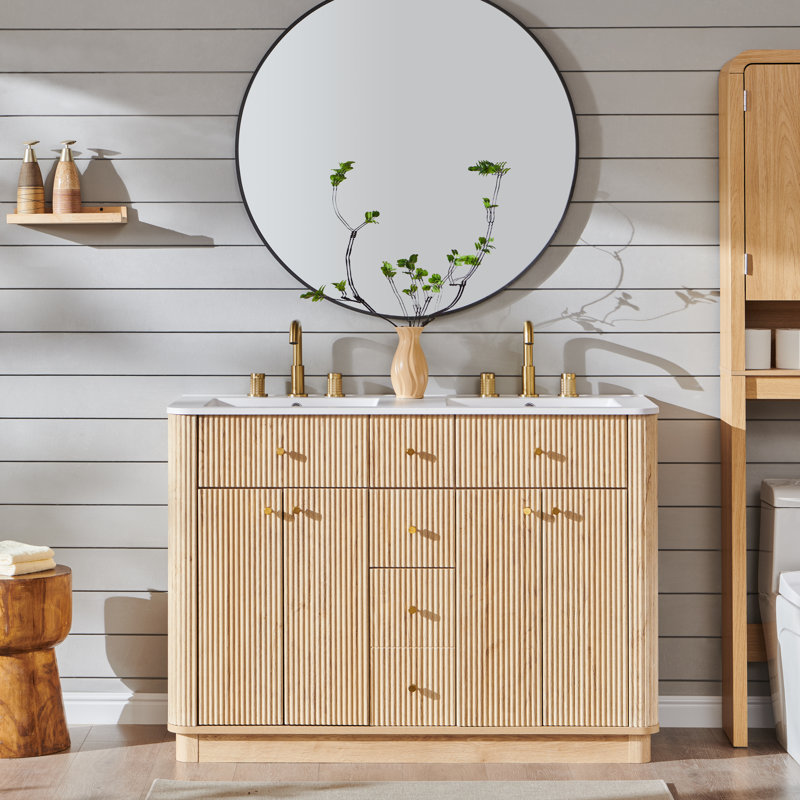 48'' Double Bathroom Vanity with Sink and 2 Storage Cabinets, Natural Oak