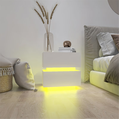 White Colour High Glossy 2 Drawers Bedside Table With RGB Led Light Nightstand With Bluetooth Control