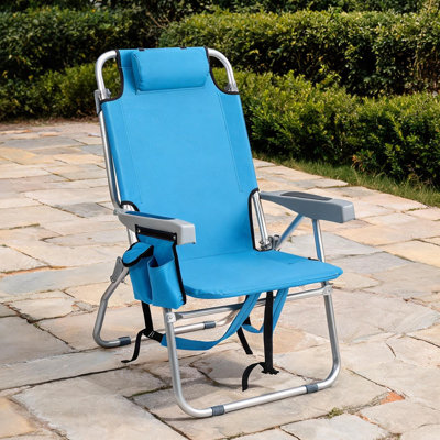 Chaise de plage pliante à assise haute avec dossier réglable en 5 positions et capacité de 100 kg, cadre en aluminium au fini bleu pour le camping et les pique-niques