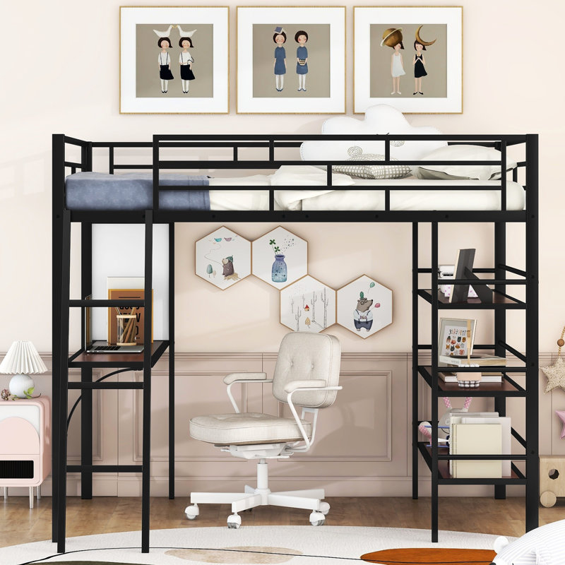 Lit mezzanine moderne en métal pleine grandeur avec 3 tablettes et bureau - Tableau blanc à cadre noir pour plus de confort et d'espace d'étude créatif
