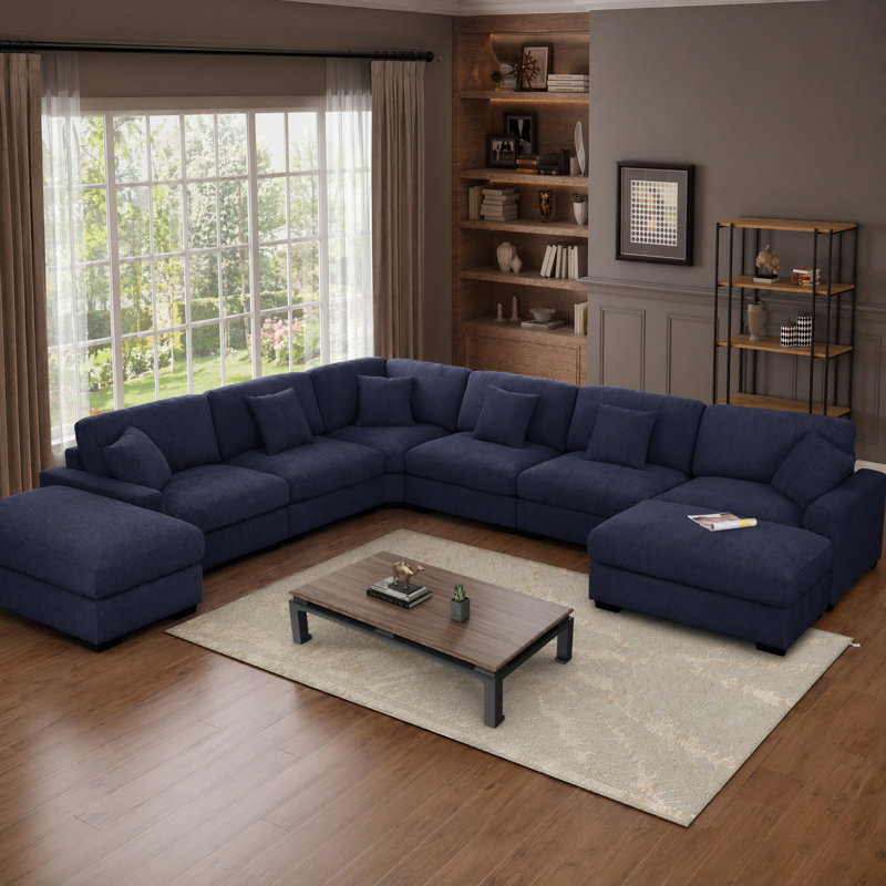 Très grand canapé modulaire réversible à 8 places avec 2 repose-pieds mobiles, sièges larges et profonds, Dark Blue