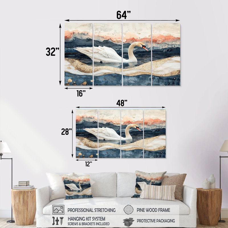 Marbre dansant du cygne V - Art mural animal cygnes - décoration murale moderne 4 pièces, H 28 po x l 48 po