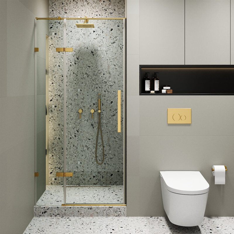 Porte de douche à charnière sans cadre l 42 po x H 74,25 po, Laiton satiné