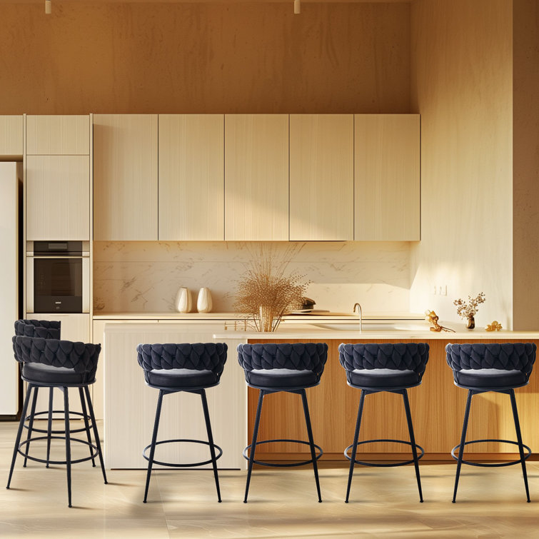 Barstools Counter Height Set of 6, 360°Swivel Bar Stools 26" Stool Chair Suede Fabric Modern Woven Design Bar Chairs with Back and Footrest for Kithcen Cafe Pub