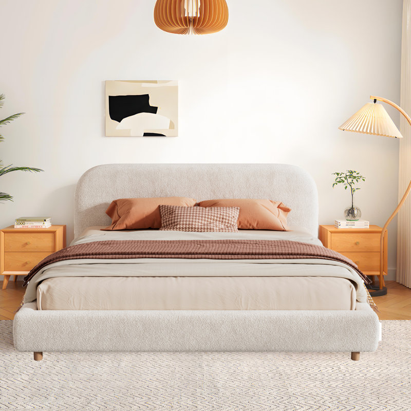 Boucle Fabric Upholstered Platform Bed With Round-Shaped Design Headboard, King