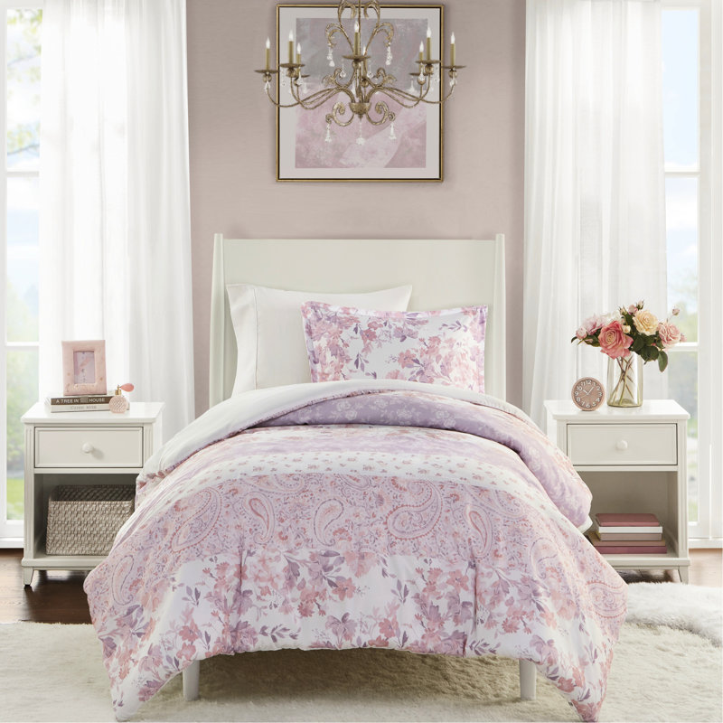 Housse de couette simple / simple TG, 2 pièces en microfibre avec imprimé cachemire floral, attaches intérieures, 2 pièces roses, douces et lavables à la machine, fermeture à boutons, -, rétro