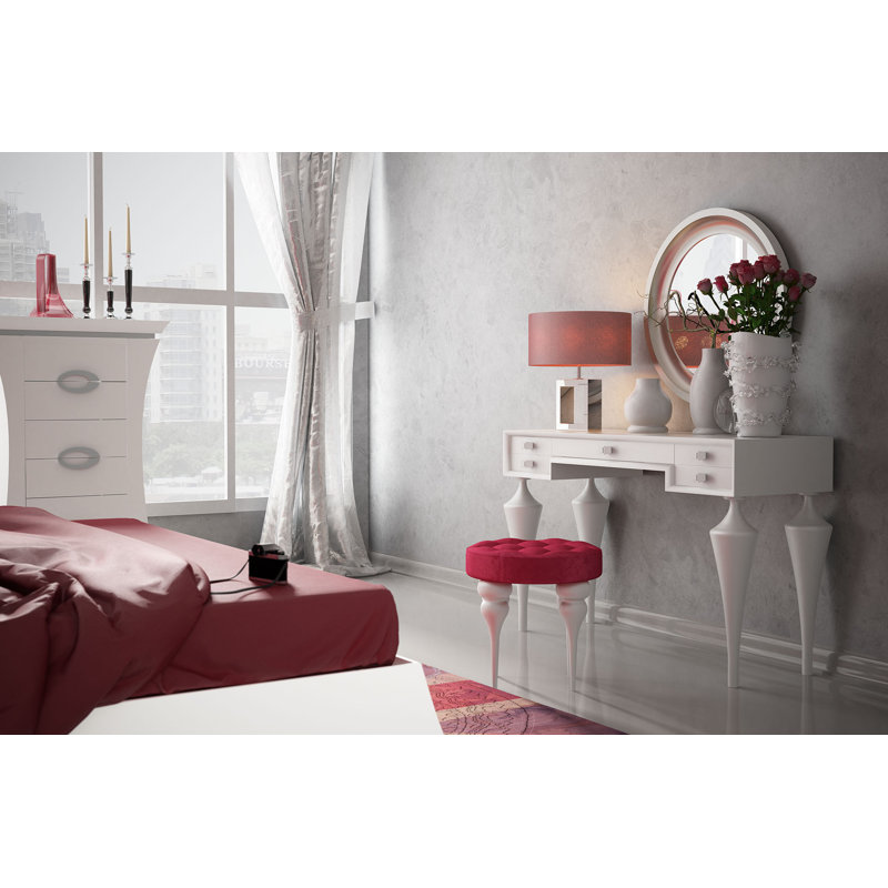 Ensemble coiffeuse avec miroir Kirkwood, Blanc brillant