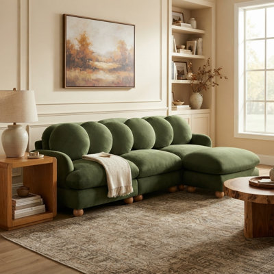Ensemble canapé modulable 3 places en chenille avec pouf, assises profondes et coussins de dossier ronds, vert olive