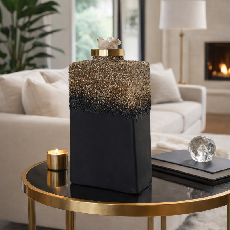 Bouteille Sean avec couvercle en pierre zéolite, verre noir-gris, aluminium doré 12 pouces
