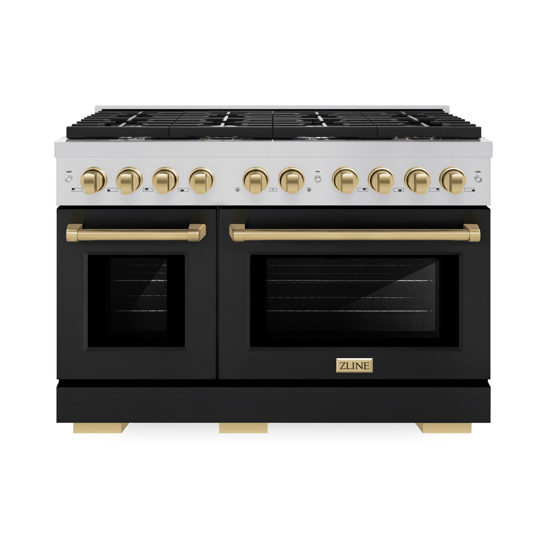 ZLINE Autograph Edition 48 in. 6.7 cu. ft. Paramount Double Oven Dual Fuel Range with 8 Burner Gas Cooktop in Stainless Steel with Black Matte Doors and Champagne Bronze Accents (SDRZ-BLM-48-CB) ZLINE