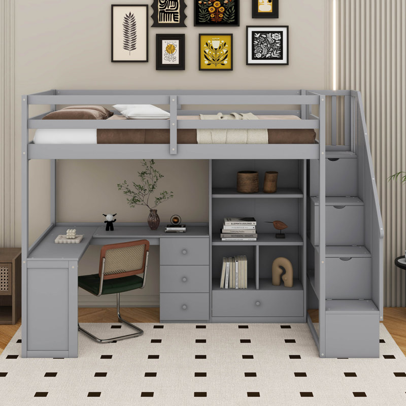 Lit mezzanine simple avec bureau et tiroirs, Gris