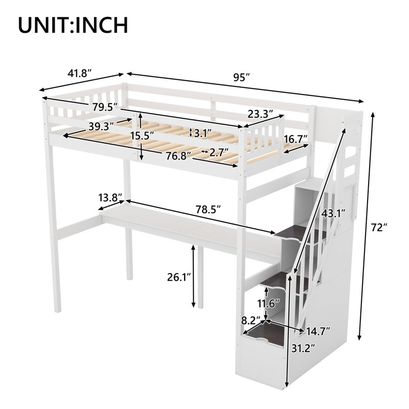 Lit mezzanine avec escalier de rangement et bureau intégré Gxaap, Blanc