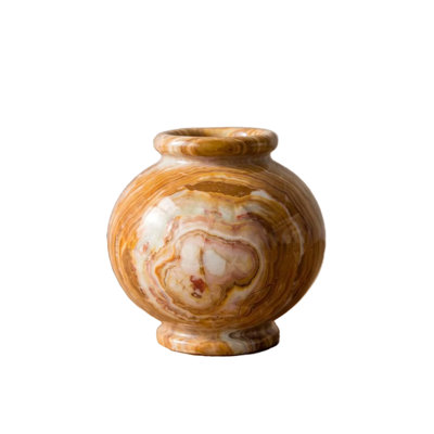 Vase en onyx naturel, urne en pierre multicolore faite à la main, vase décoratif poli à motifs floraux, objet sculptural à poser sur une étagère, un foyer, dans une entrée ou pour décorer votre intérieur. Diamètre et hauteur : 15 cm.