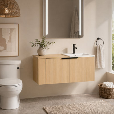 Base de meuble-lavabo 48 po avec portes à fermeture douce, armoire de rangement en bois d'ingénierie à finition chêne pour salle de bain, salle d'eau (lavabo non inclus)