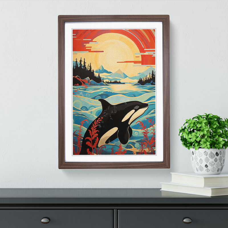 Orca Whale Modern - Single Picture Frame Print on Wood, 34cm H x 25cm W x 2cm D, Walnut