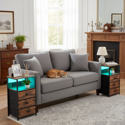Night Stand Set 2, Led Nightstand With Charging Station, End Tables With Storage Shelf, Bed Side Table With 3 Fabric Drawers For Bedroom, Small Spaces