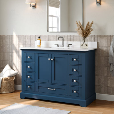 48" Modern Freestanding Bathroom Vanity - Single Sink Design With Cultured Marble Countertop, White Ceramic Basin & Nine Drawer  &  Solid Wood Storage Cabinet, Navy Blue