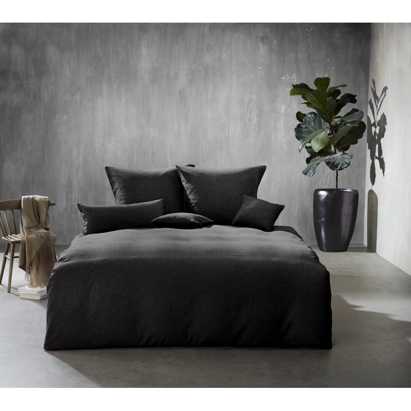 Cotton Solid Colour Duvet Cover Set with Pillowcases, 155 x 200 cm - 1 Pillowcase (80 x 80 cm), Anthracite