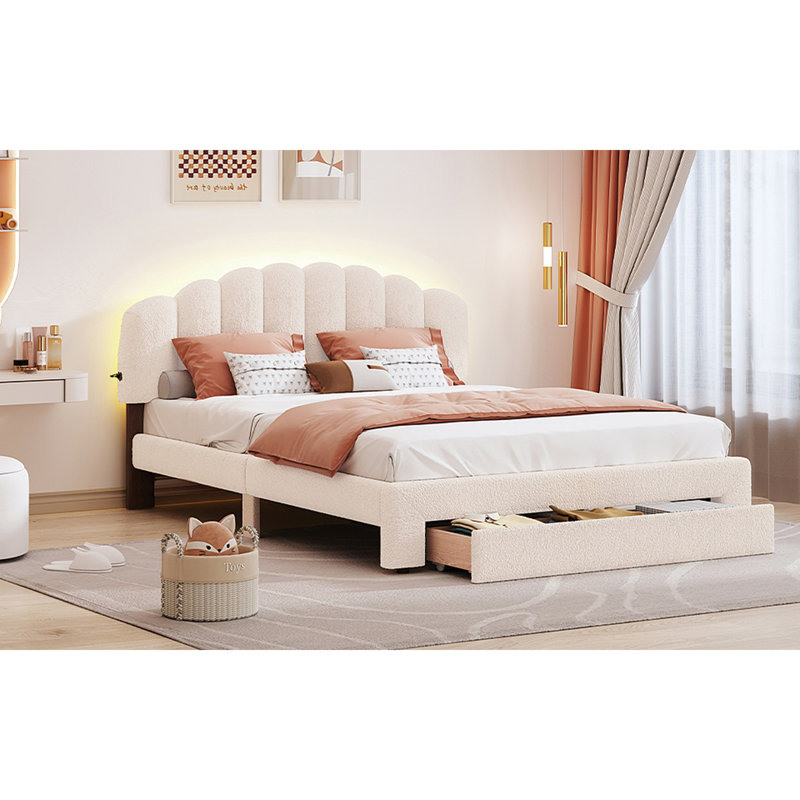 Lit plateforme tapissier Teddy, Beige