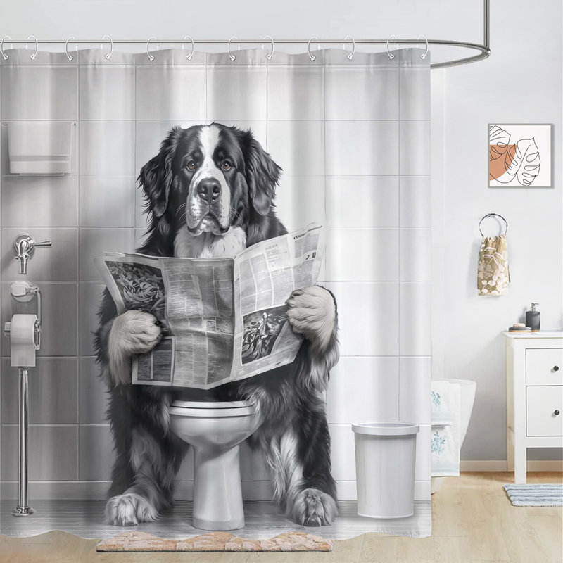 Rideau de douche pour chien drôle et imperméable pour salle de bain noir et blanc avec crochets 72 po x 72 po