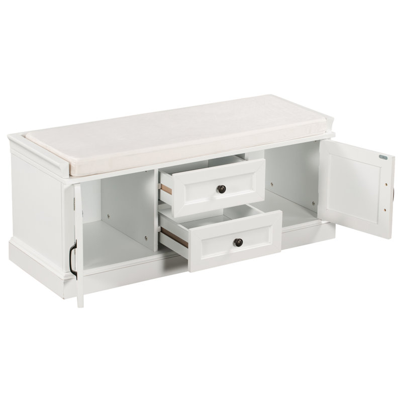 Storage Bench With 2 Drawers And 2 Cabinets, White