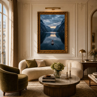 Toile en bois sur le lac de montagne au coucher du soleil, art mural