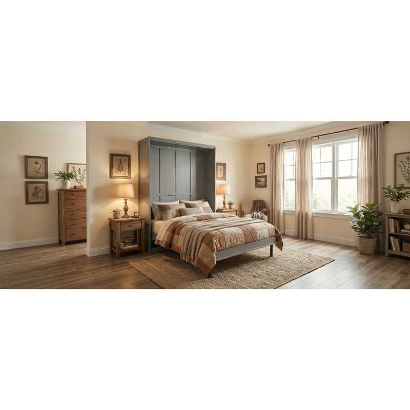 Grand lit escamotable gris avec supports de rangement cachés - Lit mural multifonctionnel pour petits espaces