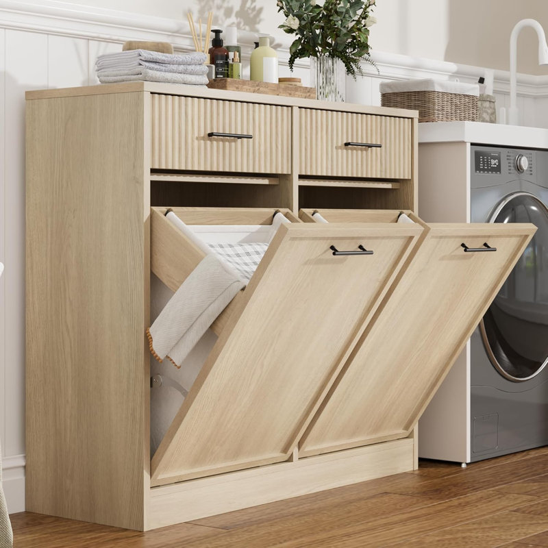 Double Tilt Out Laundry Hamper Cabinet with 2 Drawers & Laundry Baskets, 20 gal Fluted Trash Can Cabinet, Modern Wooden Hidden Garbage Can Cabinets for Bathroom