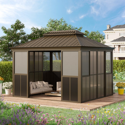 12 x 10 FT Outdoor Hardtop Sunroom Gazebo, Fully Enclosed Patio Solarium with Galvanized Steel Double Roof, Aluminum Frame, Lockable Sliding Doors & Slideable PE Screen Windows, All-Season Outdoor Gazebo for Backyard, Deck & Hot Tub