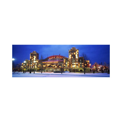 Facade Of A Building Lit Up At Dusk, Navy Pier, Chicago, Illinois, USA - Wrapped Canvas Panoramic Print