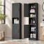Colonne de rangement pour linge de salle de bain noire autoportante, armoire étroite de 170 cm de haut avec portes magnétiques réversibles et espace de rangement ouvert
