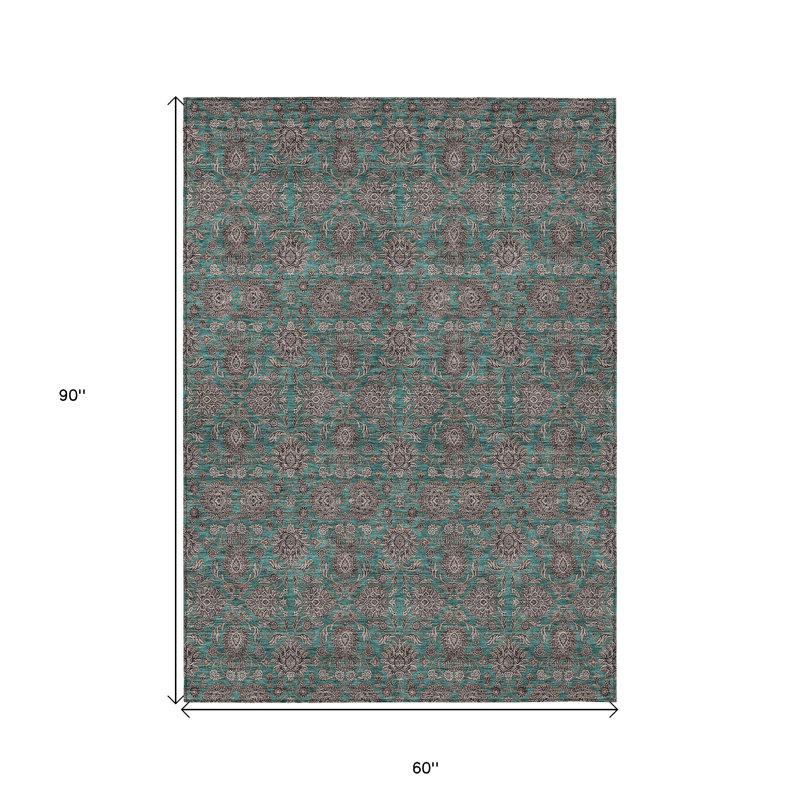 Tapis extérieur lavable floral bleu sarcelle beige et taupe 5 pi x 8 pi