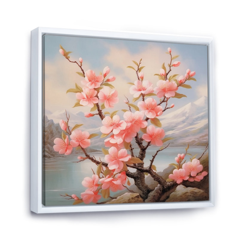 Fleur de pêche - reproduction sur toile, Cadre flottant blanc, H 30 po x l 30 po x P 1 po