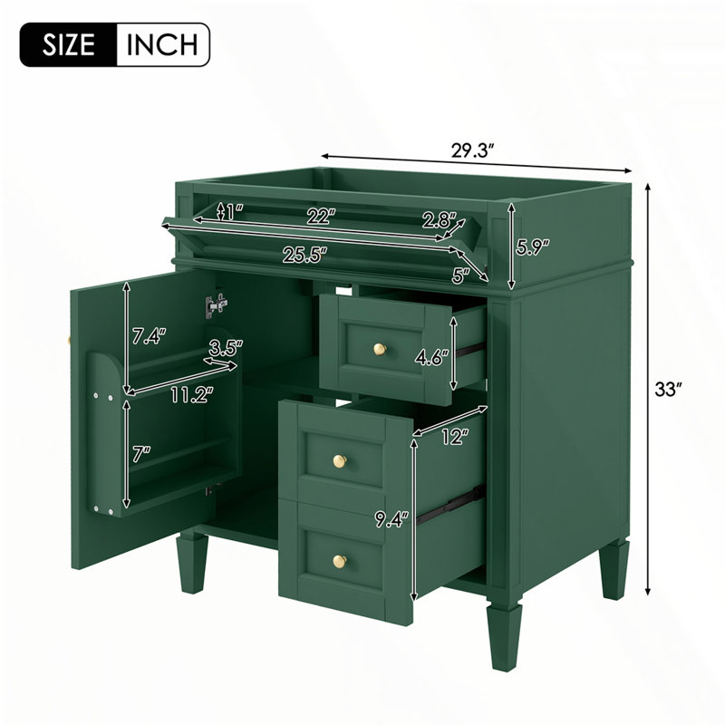 Meuble-lavabo de 30 po sans lavabo supérieur, Vert, Doré