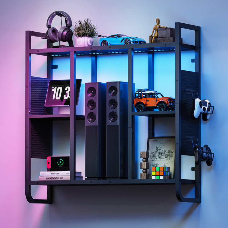 3-Tier LED Gaming Floating Shelves, 3-Tier Wall Mounted Shelf for Wall Storage, Pipe Shelves Hanging Display Rack, with 2 Controller Hooks, for Gaming Room Decor, Kitchen, Home Bar