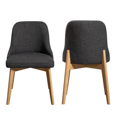 Dark Grey Upholstered Dining Chairs with Oak Wooden Legs Set of 2