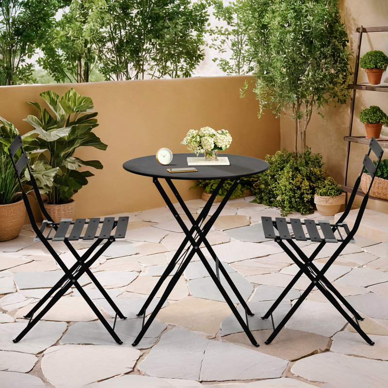 Anshu Iron Table And Folding Chair Set, 2 - Person Round Outdoor Dining Set, Black