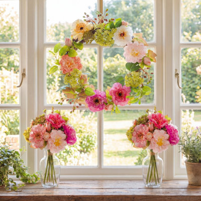 22in Spring Peony Wreath for Front Door, Artificial Floral Door Wreath with Real Rattan Base, Includes 2 Matching Bouquets, 18 22 24 Inch for Front Door Home Decor