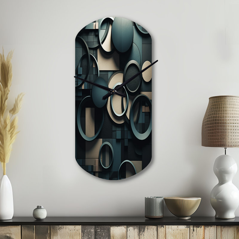 Teal Fragmented Forms - Cylinder Shape Unique Cubism Wall Clock, Small