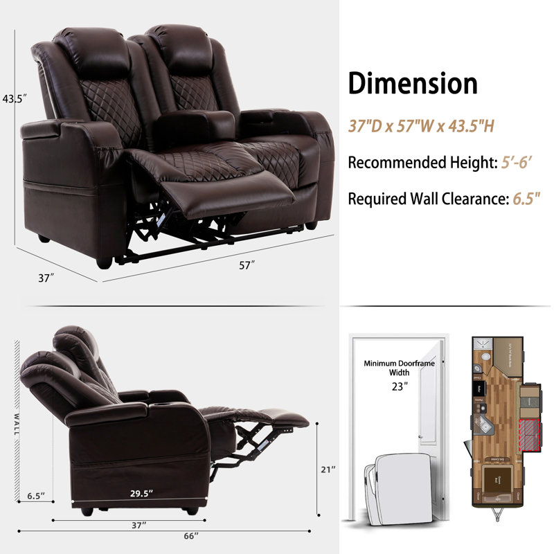 57" Rv Loveseat Recliner Sofa, Home Theater Seating With 3 Arms And 2 Pillows, zero clearance recliner  Recliners & 135° Reclining Couch (brown Pu Leather Furniture)